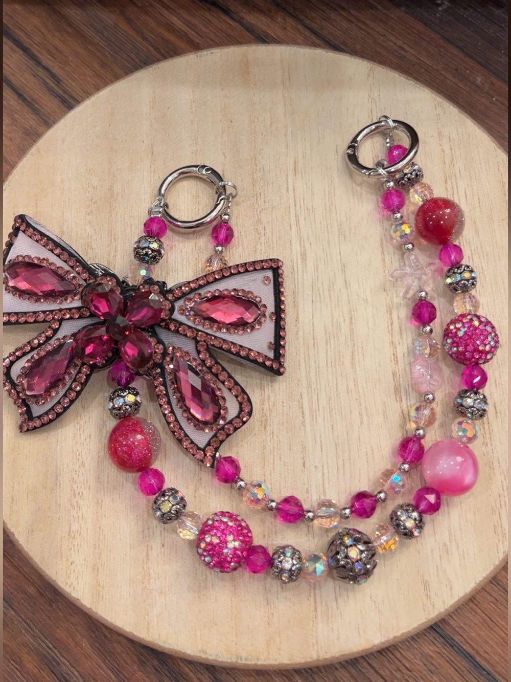 Pink Crystal Bow Statement Purse Charm - 2-Strand Beaded Design